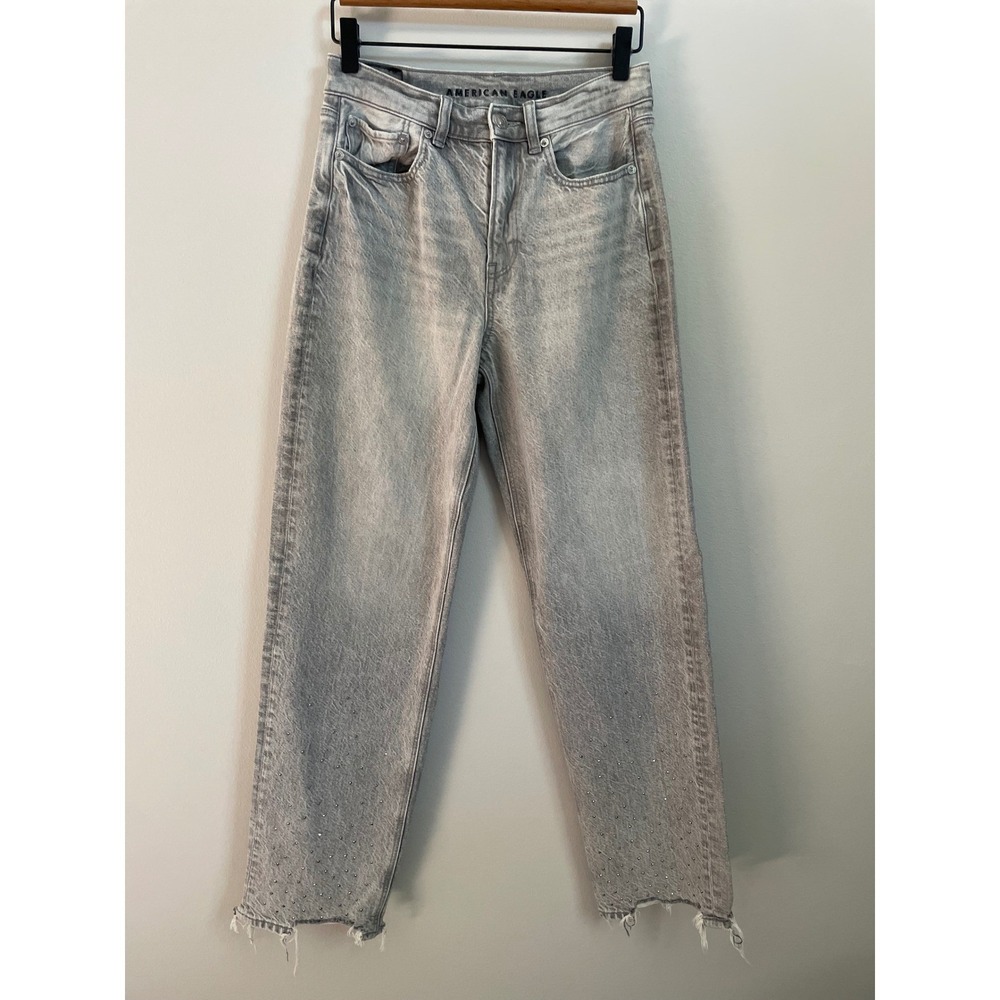 AE Rhinestoned Super High-Waist Baggy-Straight Glacier Gray Raw Hem Strigid Jean - Picture 4 of 16